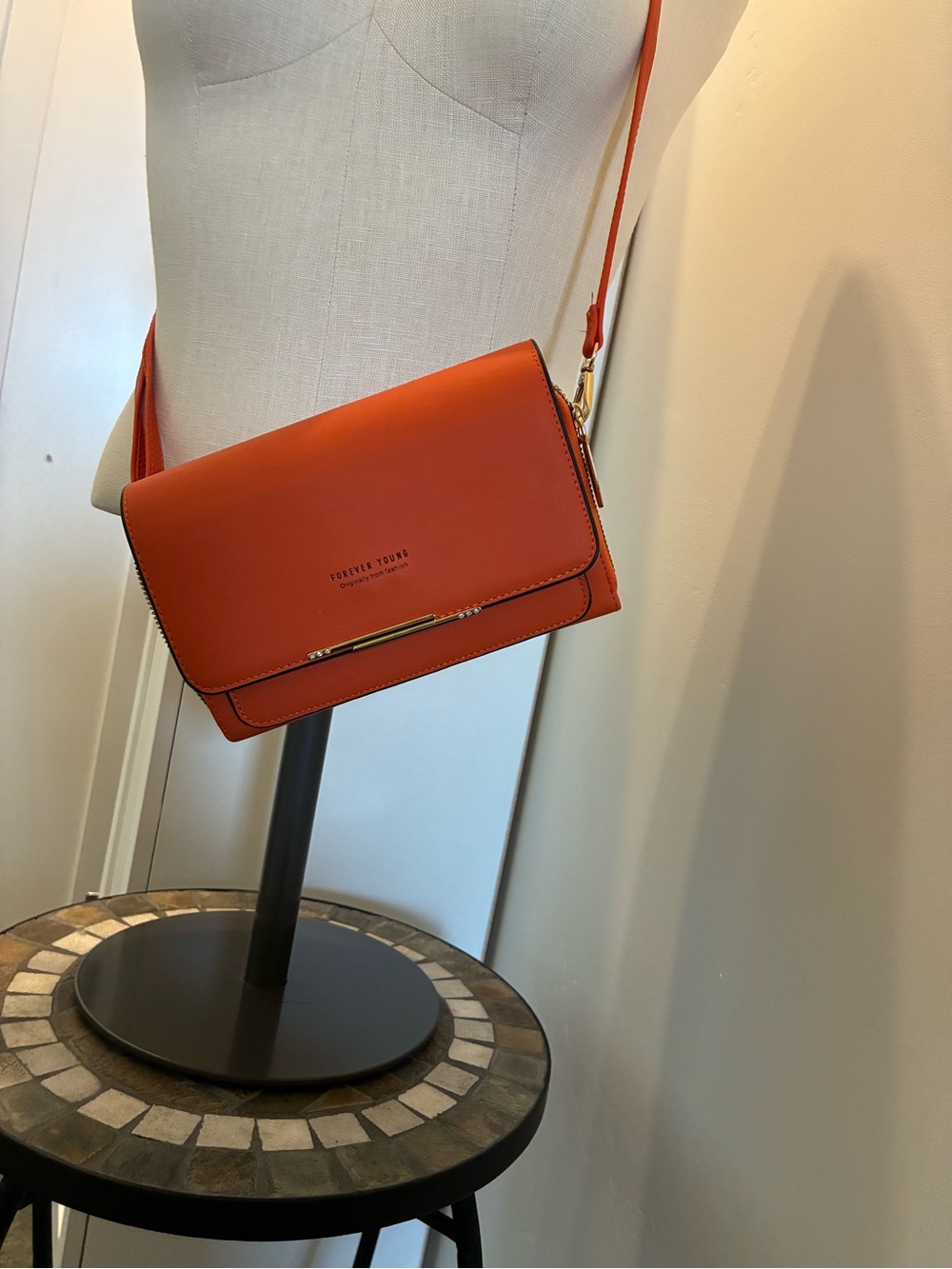 Forever Young Bright Orange Crossbody Bag with Gold Accent